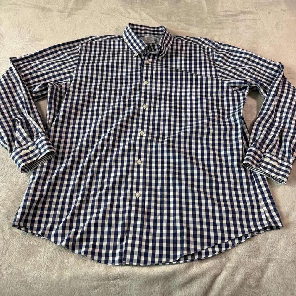 Brooks Brothers Mens XL Regent Fit Non-Iron Gingham Shirt Navy White Supima EUC